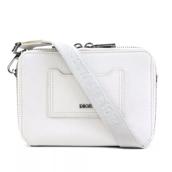 Auth Christian Dior Crossbody Shoulder Bag White Gray Leather